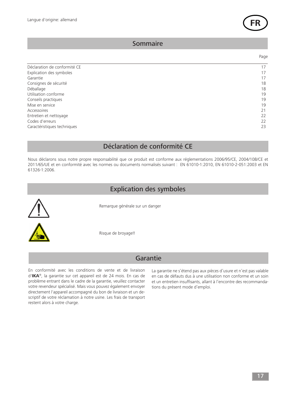 Garantie, Sommaire | IKA ROLLER 10 digital User Manual | Page 17 / 48