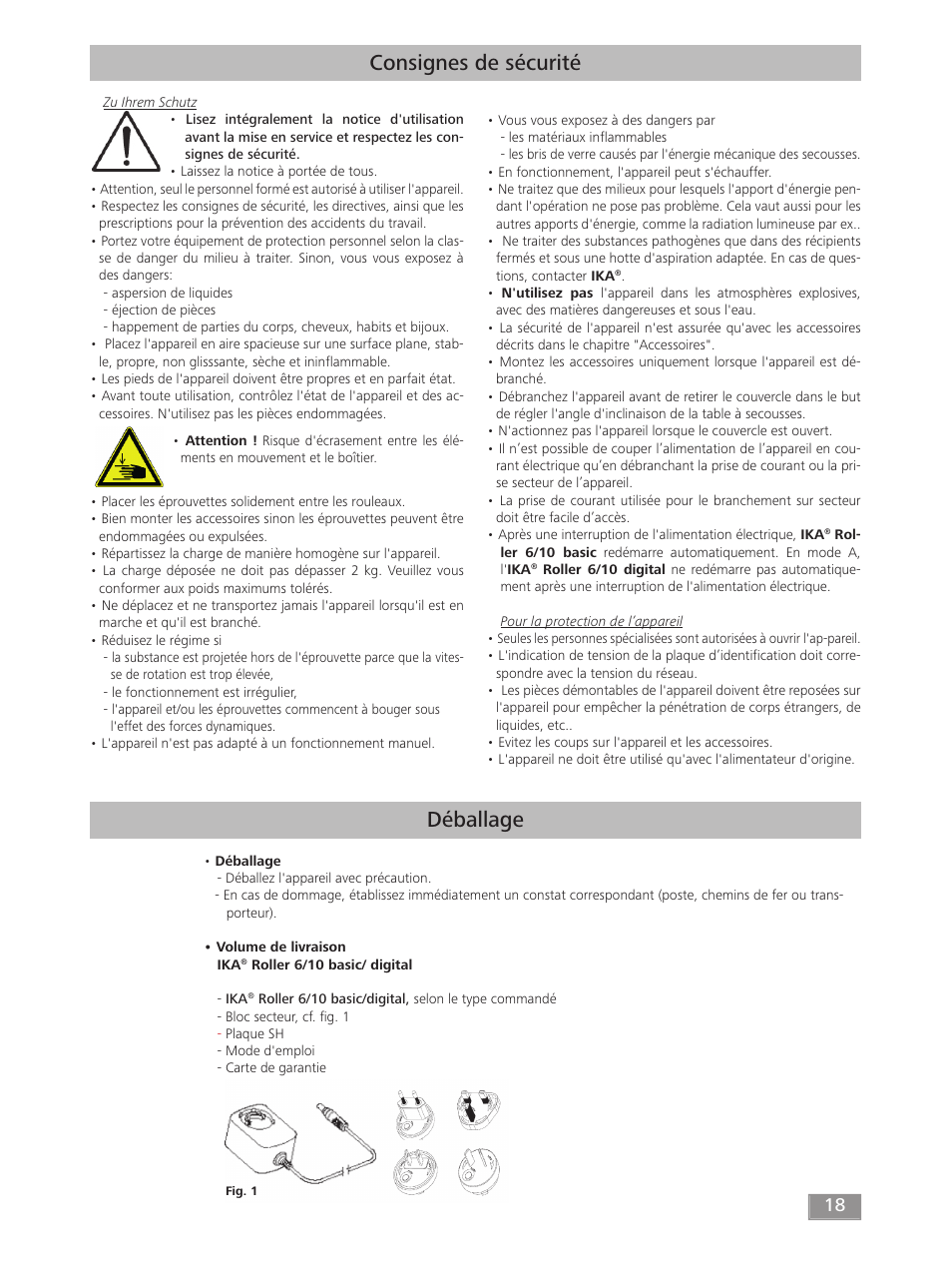 Déballage, Consignes de sécurité | IKA ROLLER 10 digital User Manual | Page 18 / 48