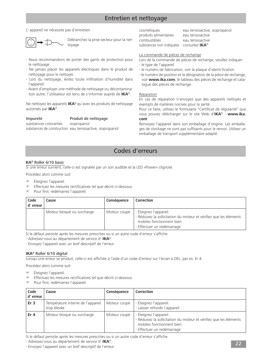 Codes d'erreurs, Entretien et nettoyage | IKA ROLLER 10 digital User Manual | Page 22 / 48