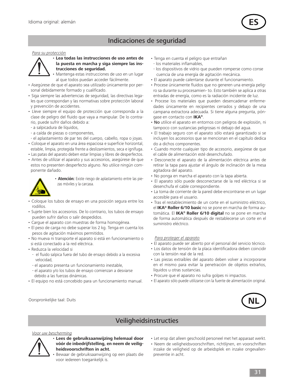 Indicaciones de seguridad, Veiligheidsinstructies | IKA ROLLER 10 digital User Manual | Page 31 / 48