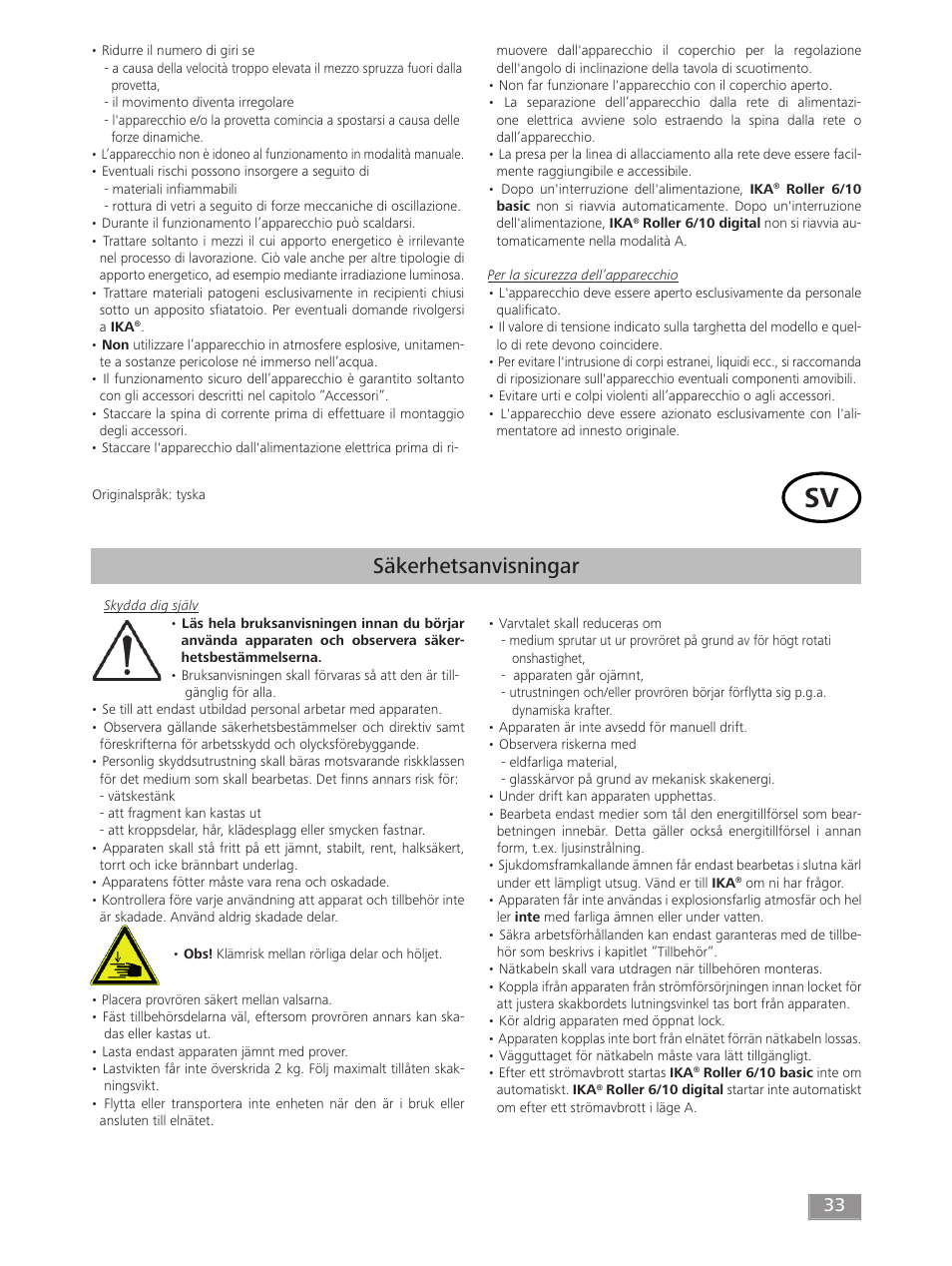 Säkerhetsanvisningar | IKA ROLLER 10 digital User Manual | Page 33 / 48