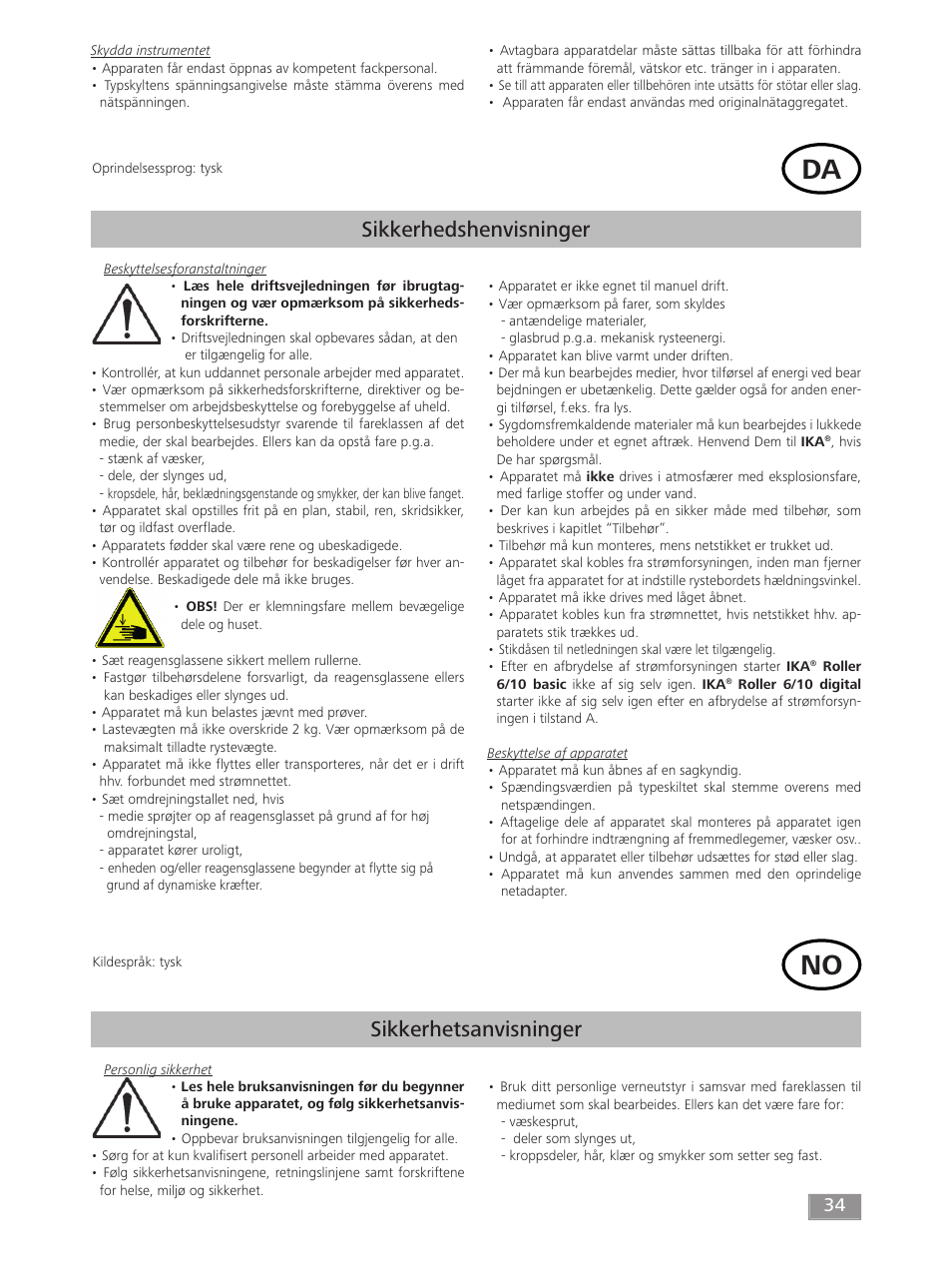 Sikkerhedshenvisninger, Sikkerhetsanvisninger | IKA ROLLER 10 digital User Manual | Page 34 / 48