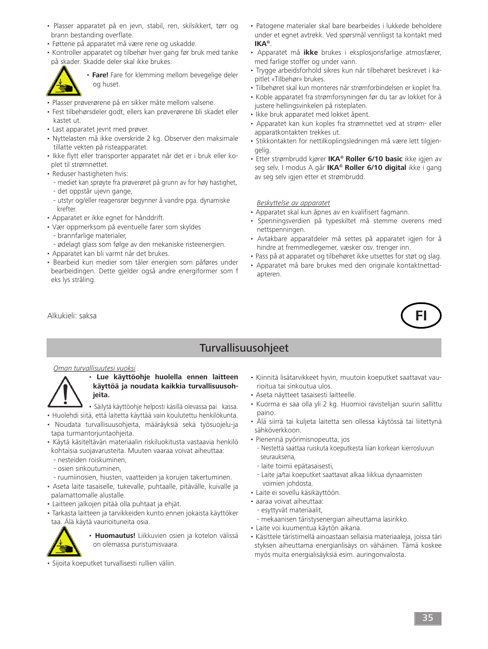 Turvallisuusohjeet | IKA ROLLER 10 digital User Manual | Page 35 / 48