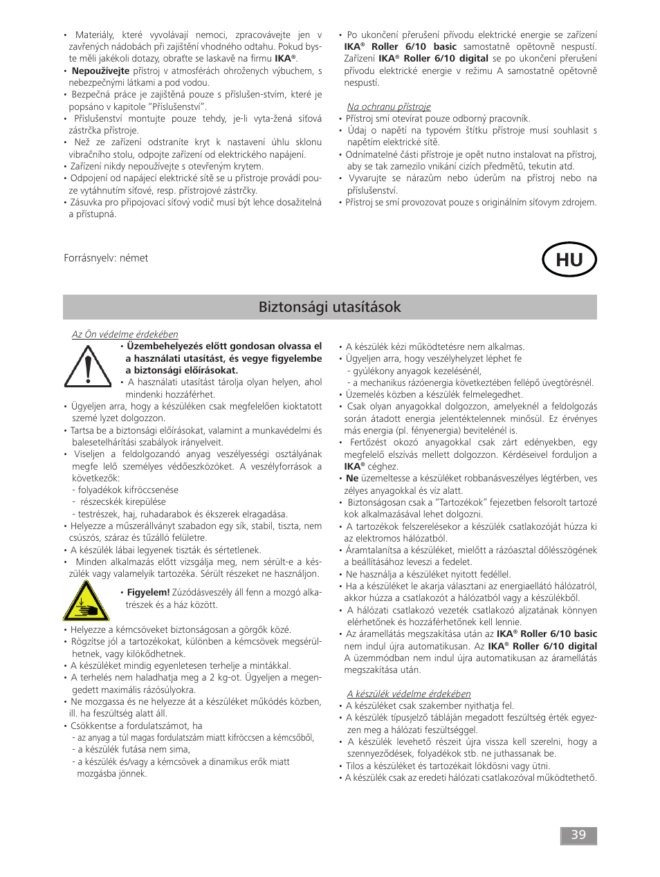 Biztonsági utasítások | IKA ROLLER 10 digital User Manual | Page 39 / 48