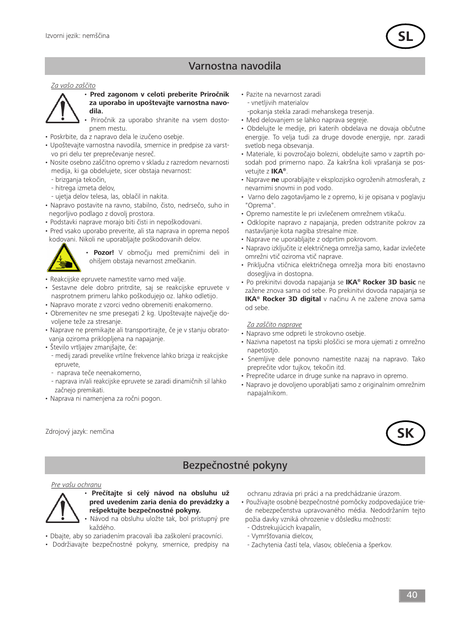 Varnostna navodila, Bezpečnostné pokyny | IKA ROLLER 10 digital User Manual | Page 40 / 48