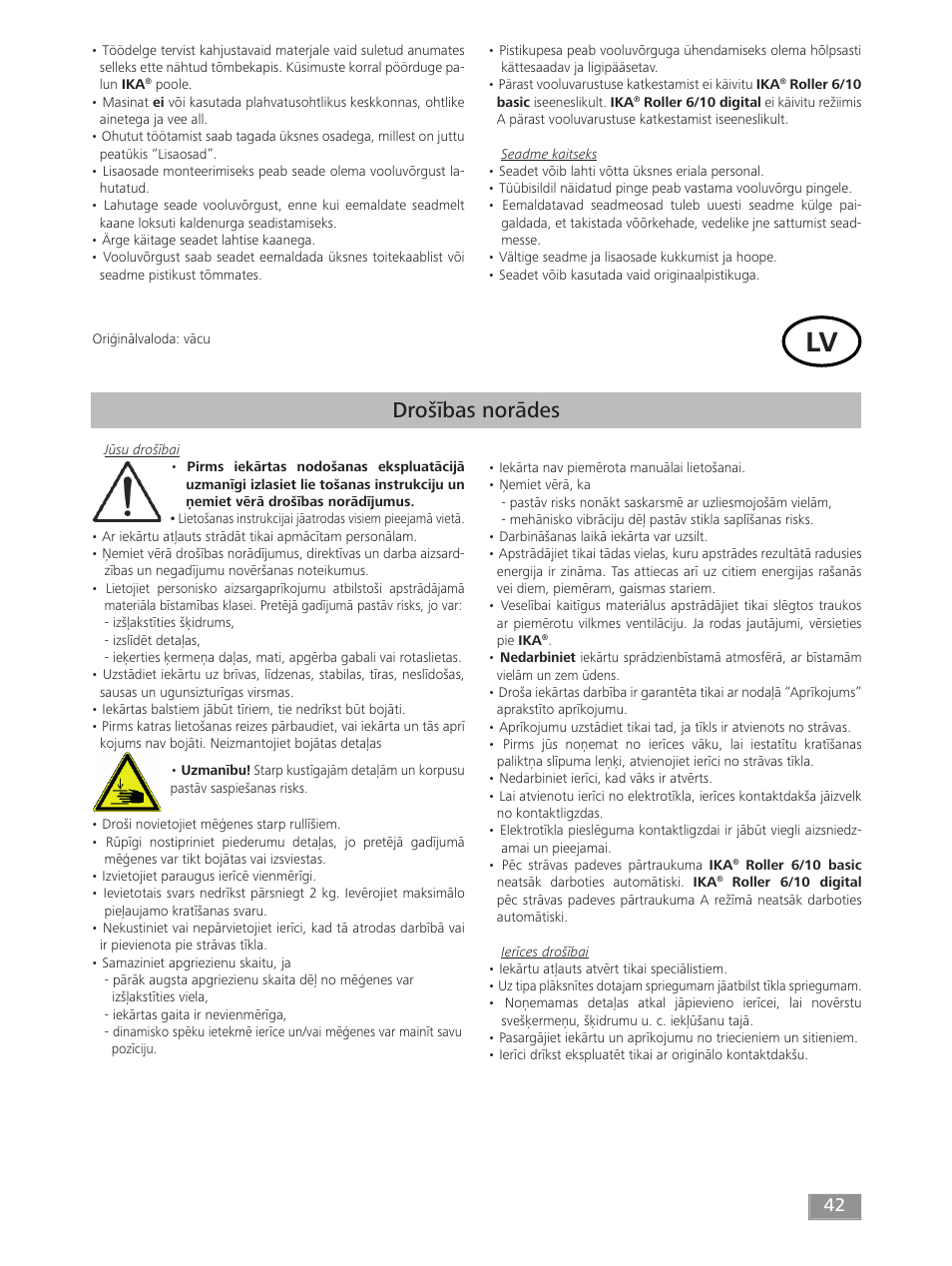 Drošības norādes | IKA ROLLER 10 digital User Manual | Page 42 / 48