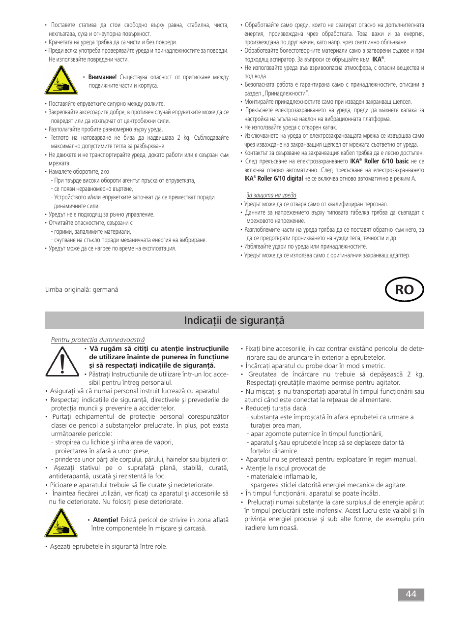 Indicaţii de siguranţă | IKA ROLLER 10 digital User Manual | Page 44 / 48