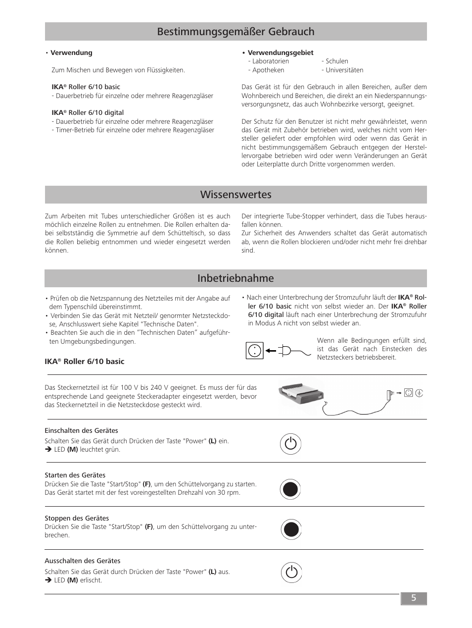 Bestimmungsgemäßer gebrauch, Wissenswertes, Inbetriebnahme | IKA ROLLER 10 digital User Manual | Page 5 / 48