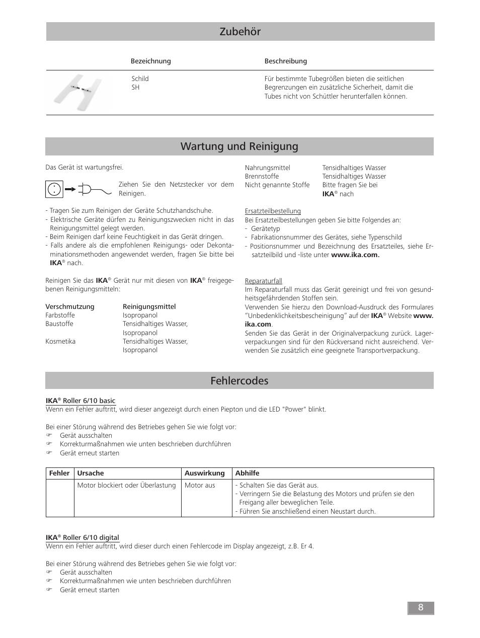 Wartung und reinigung zubehör, Fehlercodes | IKA ROLLER 10 digital User Manual | Page 8 / 48