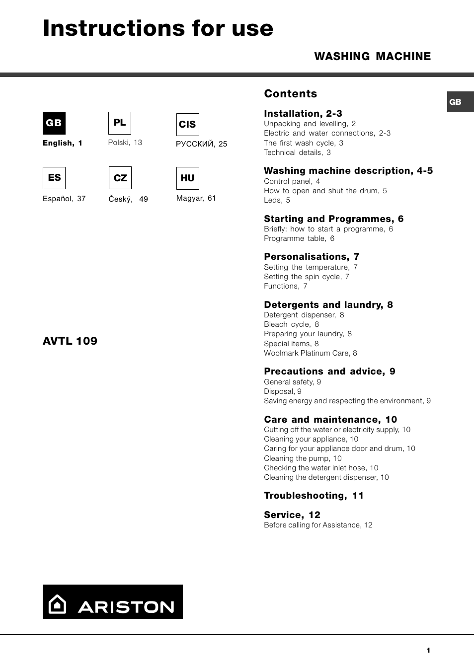 Ariston AQXLAVTL 109 User Manual | 72 pages