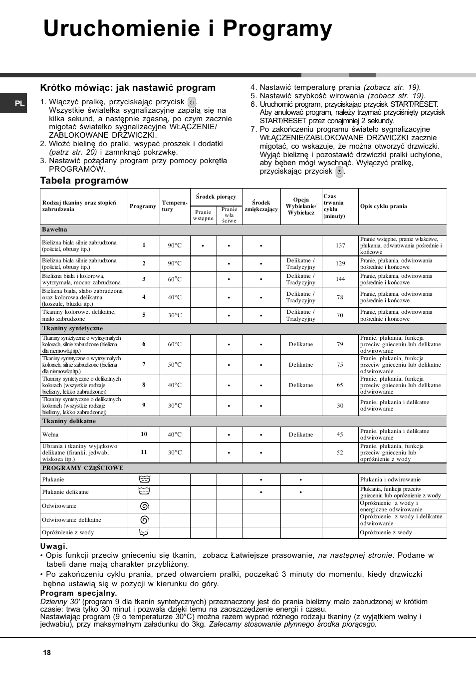 Mikosoft praha s.r.o, Uruchomienie i programy, Tabela programów | Krótko mówi¹c: jak nastawiæ program | Ariston AQXLAVTL 109 User Manual | Page 18 / 72