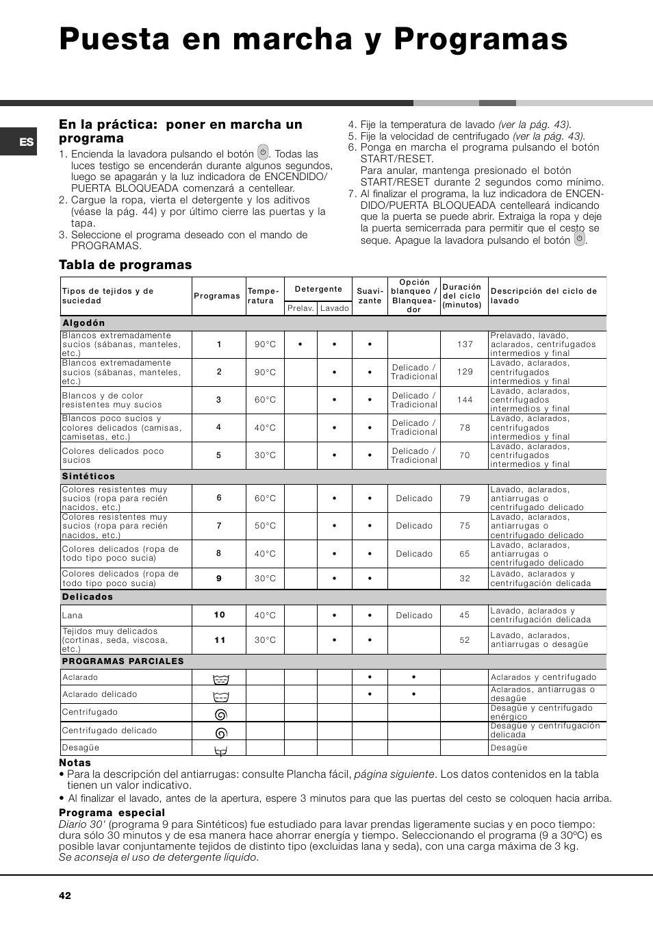 Mikosoft praha s.r.o, Puesta en marcha y programas, En la práctica: poner en marcha un programa | Tabla de programas | Ariston AQXLAVTL 109 User Manual | Page 42 / 72