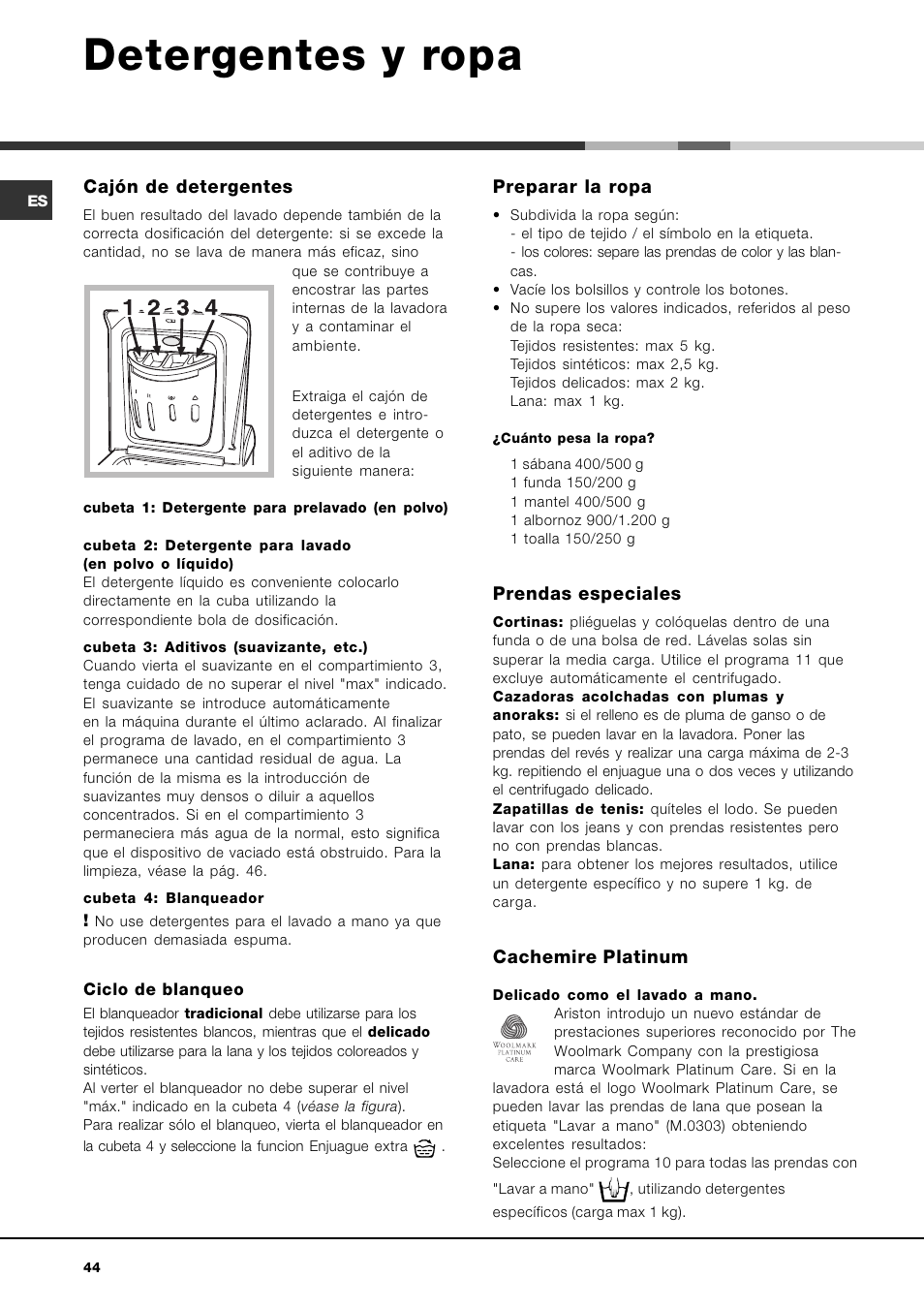 Mikosoft praha s.r.o, Detergentes y ropa | Ariston AQXLAVTL 109 User Manual | Page 44 / 72