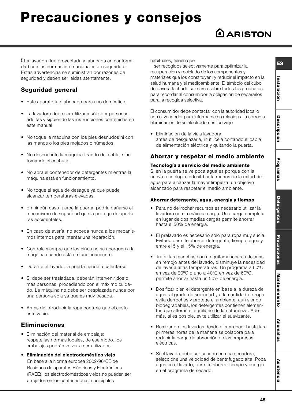 Mikosoft praha s.r.o, Precauciones y consejos | Ariston AQXLAVTL 109 User Manual | Page 45 / 72