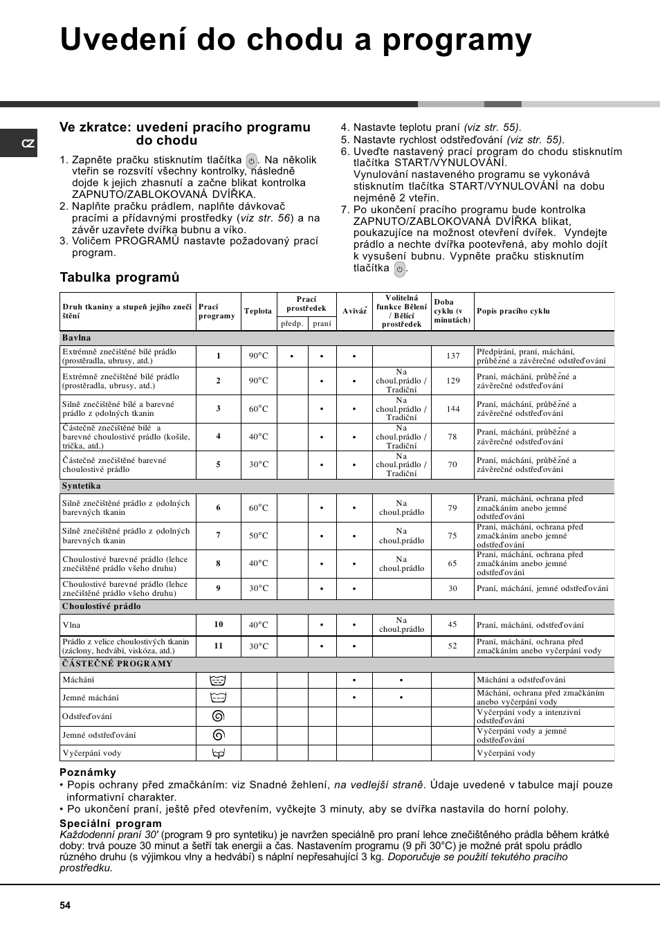 Mikosoft praha s.r.o, Uvedení do chodu a programy, Ve zkratce: uvedení pracího programu do chodu | Tabulka programù | Ariston AQXLAVTL 109 User Manual | Page 54 / 72