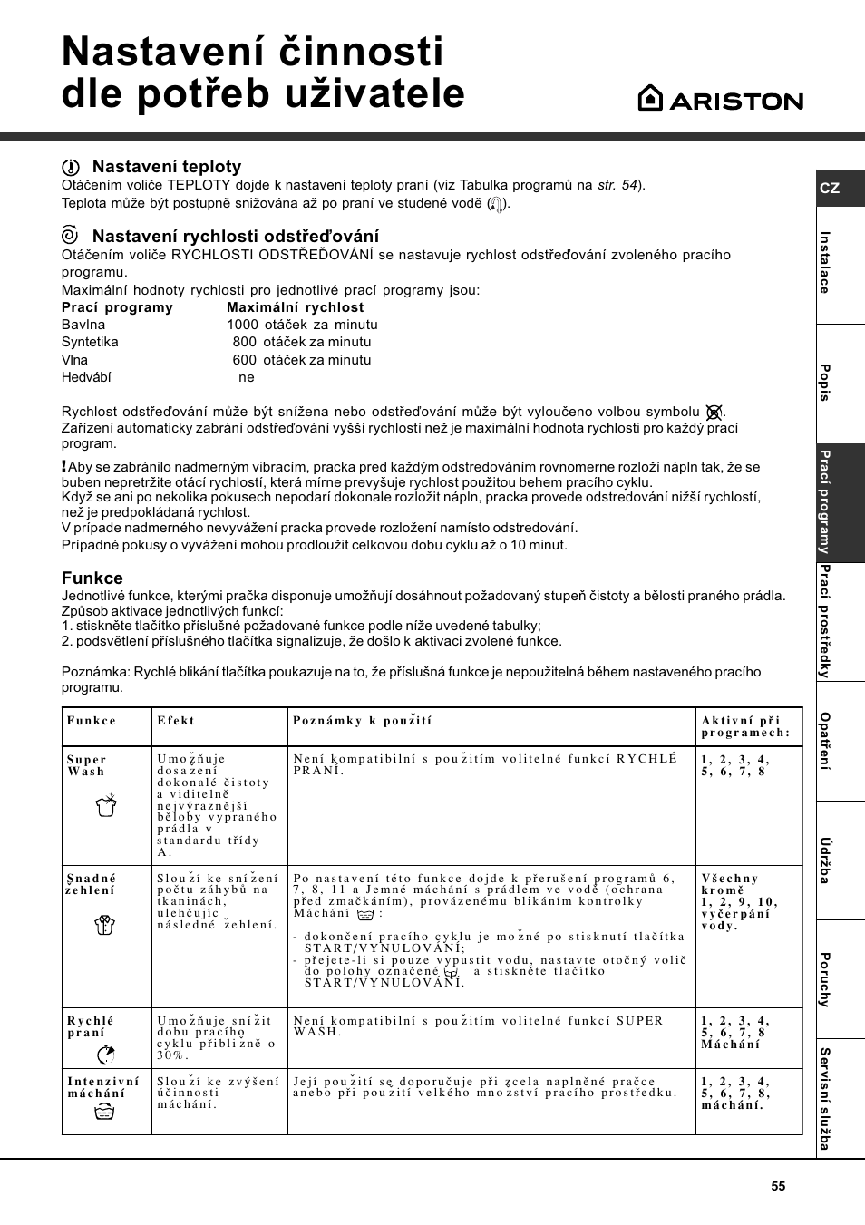 Mikosoft praha s.r.o, Nastavení èinnosti dle potøeb uivatele | Ariston AQXLAVTL 109 User Manual | Page 55 / 72