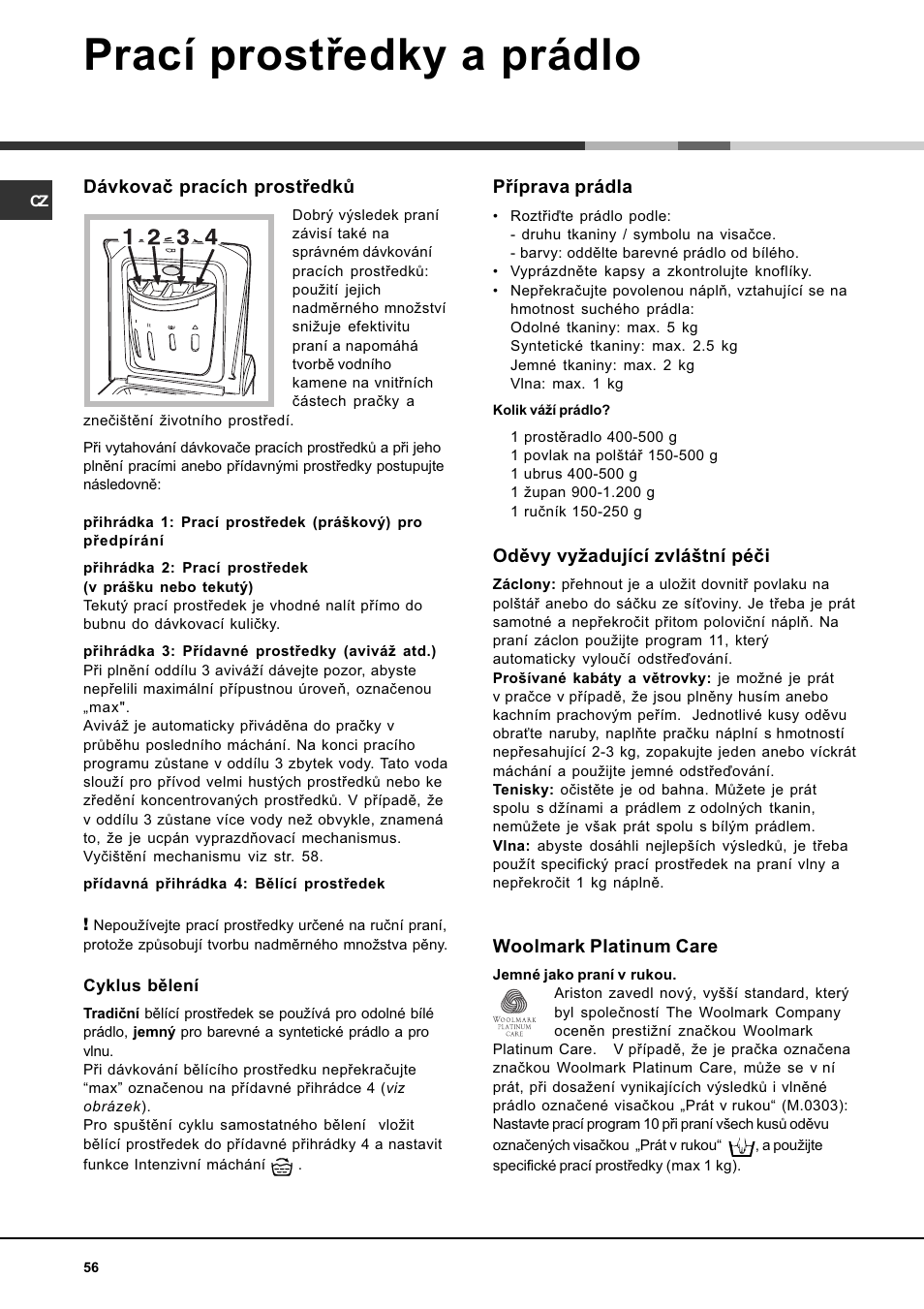 Mikosoft praha s.r.o, Prací prostøedky a prádlo | Ariston AQXLAVTL 109 User Manual | Page 56 / 72