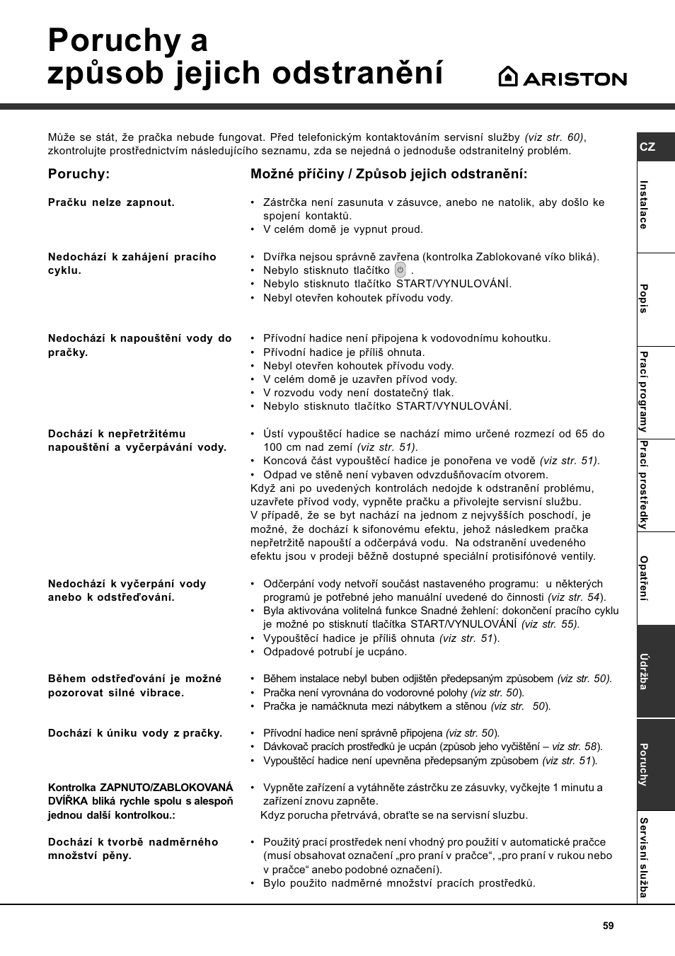 Mikosoft praha s.r.o, Poruchy a zpùsob jejich odstranìní | Ariston AQXLAVTL 109 User Manual | Page 59 / 72