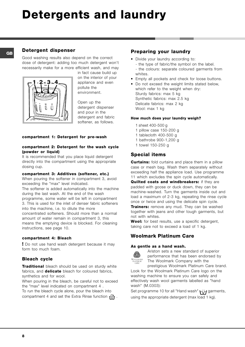 Mikosoft praha s.r.o, Detergents and laundry | Ariston AQXLAVTL 109 User Manual | Page 8 / 72