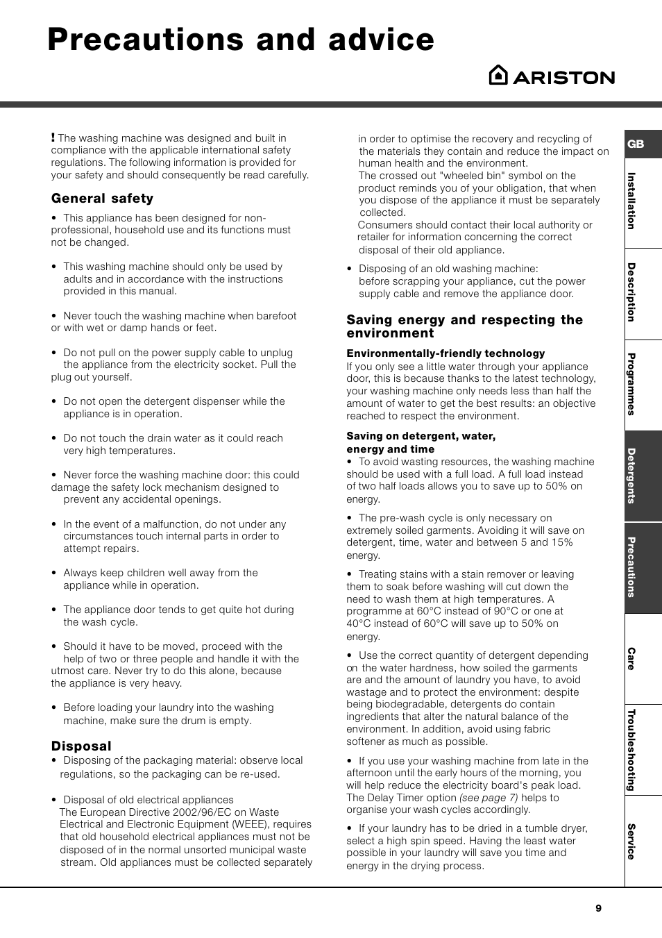 Mikosoft praha s.r.o, Precautions and advice | Ariston AQXLAVTL 109 User Manual | Page 9 / 72