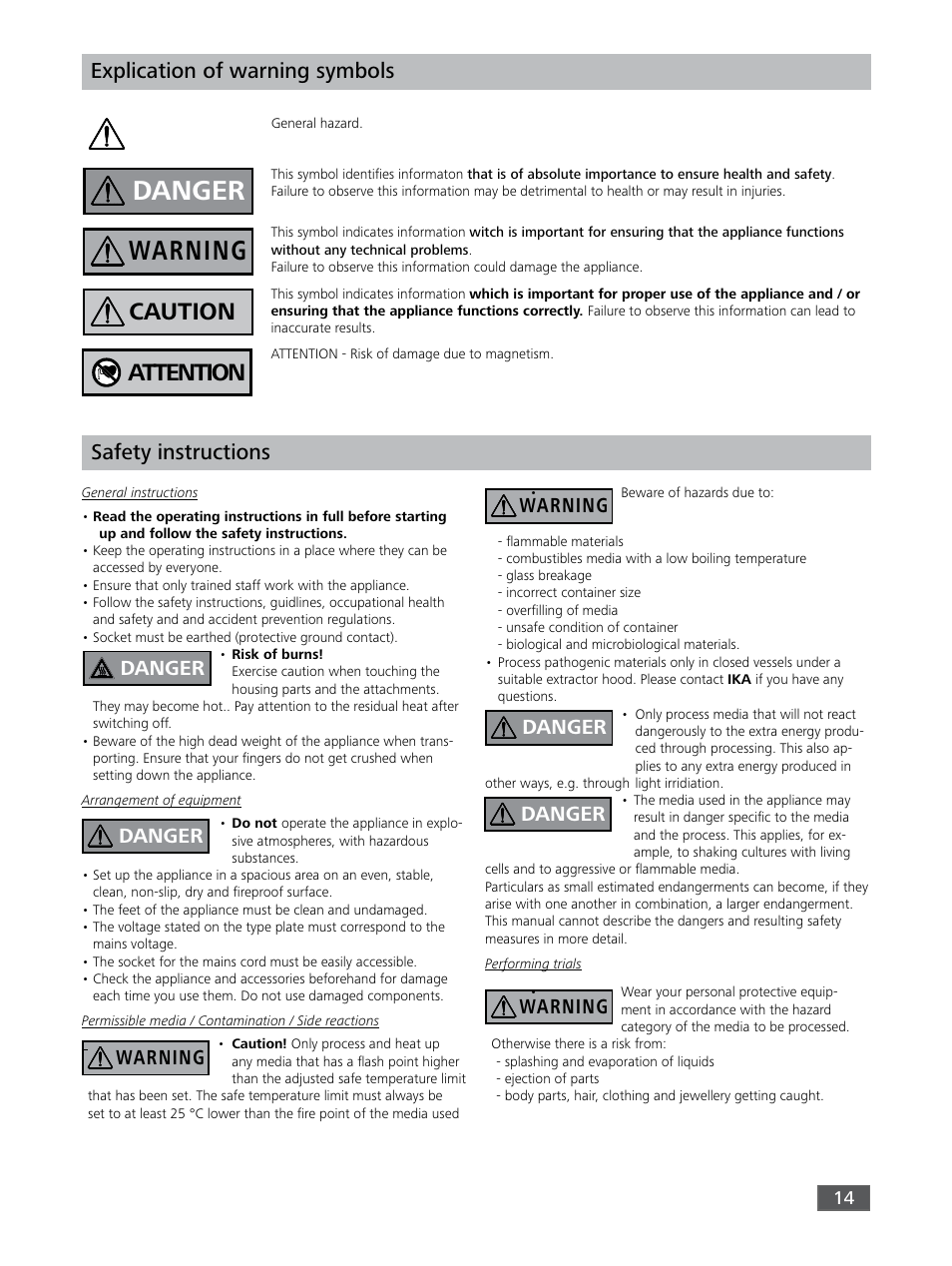 Danger, Warning, Caution | Attention, Explication of warning symbols, Safety instructions | IKA KS 3000 ic control User Manual | Page 14 / 76