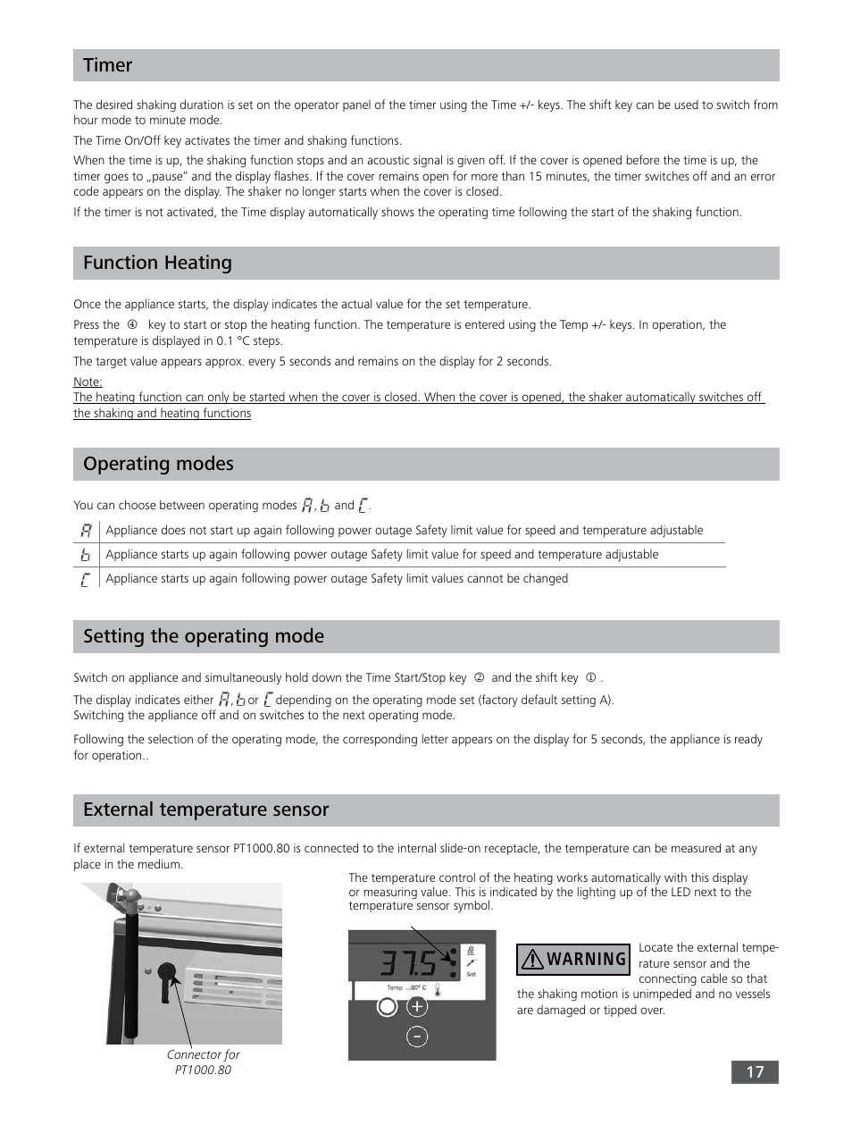 Timer, Function heating, Operating modes | Setting the operating mode, External temperature sensor, Warning | IKA KS 3000 ic control User Manual | Page 17 / 76