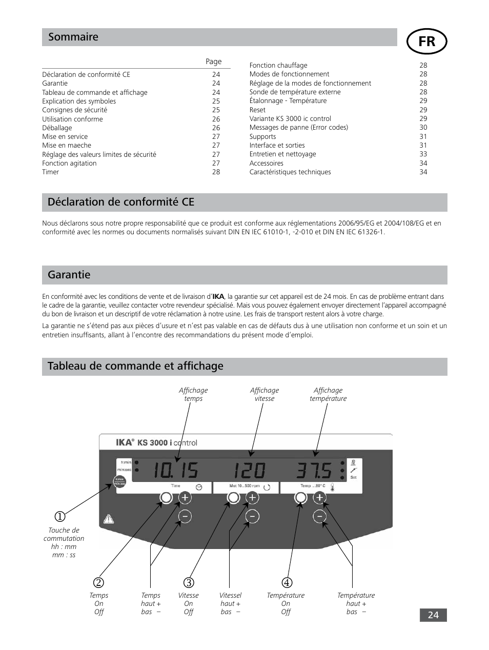 Déclaration de conformité ce, Sommaire, Tableau de commande et affichage | Garantie | IKA KS 3000 ic control User Manual | Page 24 / 76