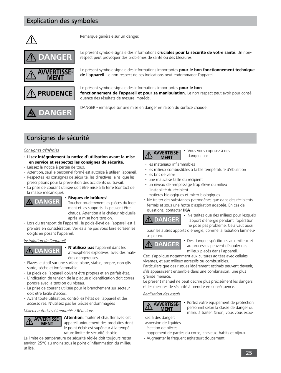 Danger, Avvertisse- ment, Prudence | Explication des symboles, Consignes de sécurité | IKA KS 3000 ic control User Manual | Page 25 / 76
