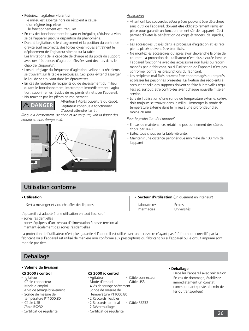 Deballage, Utilisation conforme, Danger | IKA KS 3000 ic control User Manual | Page 26 / 76