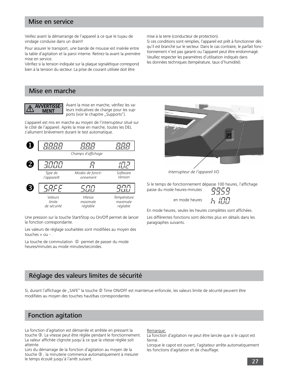 Mise en service, Mise en marche, Réglage des valeurs limites de sécurité | Fonction agitation | IKA KS 3000 ic control User Manual | Page 27 / 76