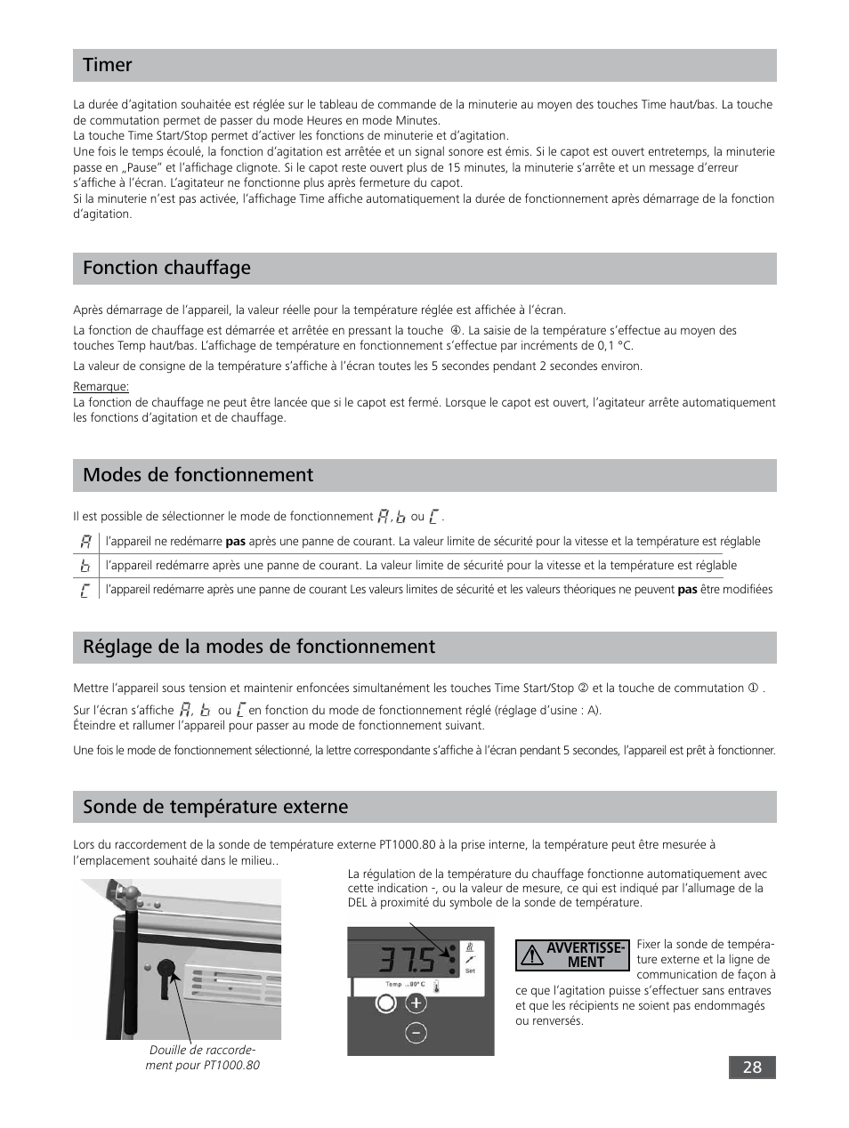 Timer, Fonction chauffage, Modes de fonctionnement | Réglage de la modes de fonctionnement, Sonde de température externe | IKA KS 3000 ic control User Manual | Page 28 / 76