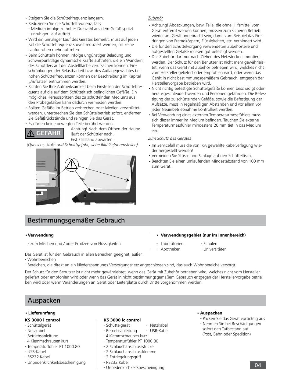 Auspacken, Bestimmungsgemäßer gebrauch, Gefahr | IKA KS 3000 ic control User Manual | Page 4 / 76