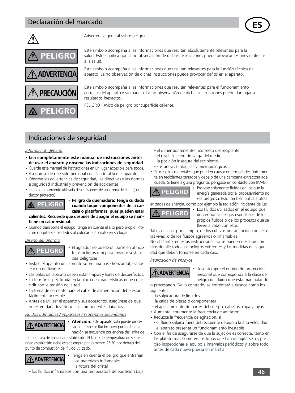 Peligro, Precaución advertencia, Declaración del marcado | Indicaciones de seguridad | IKA KS 3000 ic control User Manual | Page 46 / 76