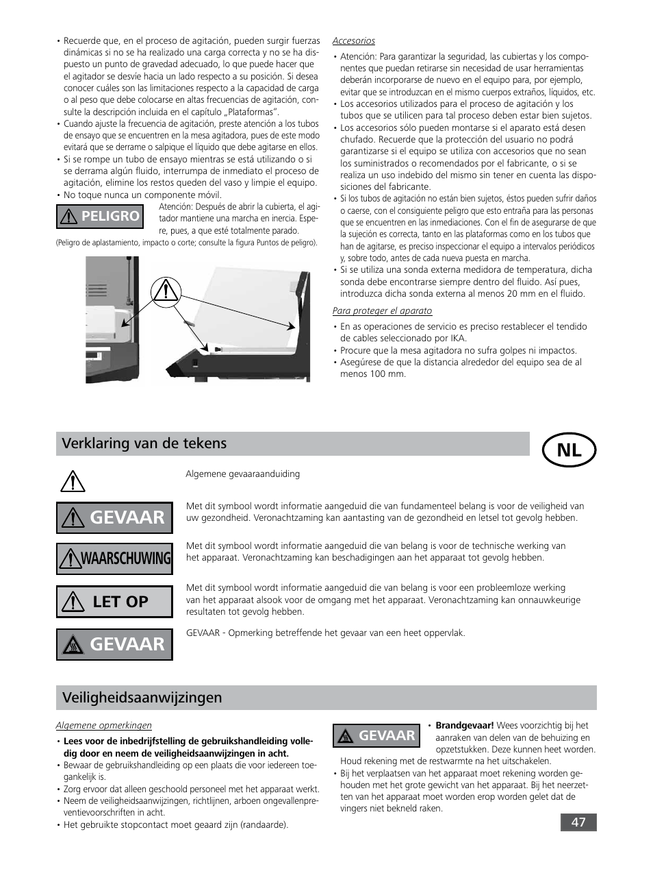 Gevaar, Waarschuwing, Let op | Verklaring van de tekens, Veiligheidsaanwijzingen, Peligro | IKA KS 3000 ic control User Manual | Page 47 / 76