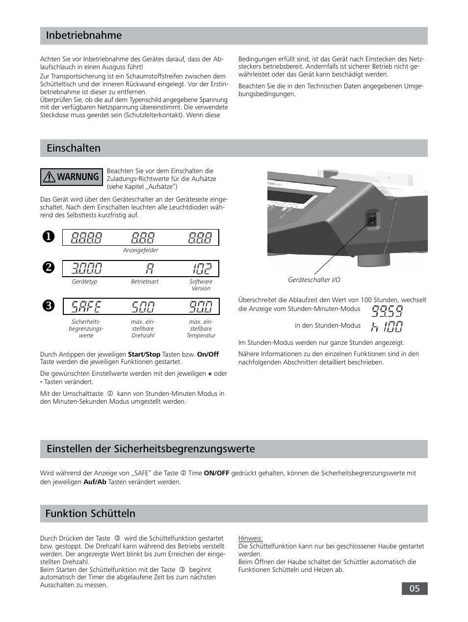 Inbetriebnahme, Einschalten, Einstellen der sicherheitsbegrenzungswerte | Funktion schütteln, Warnung | IKA KS 3000 ic control User Manual | Page 5 / 76