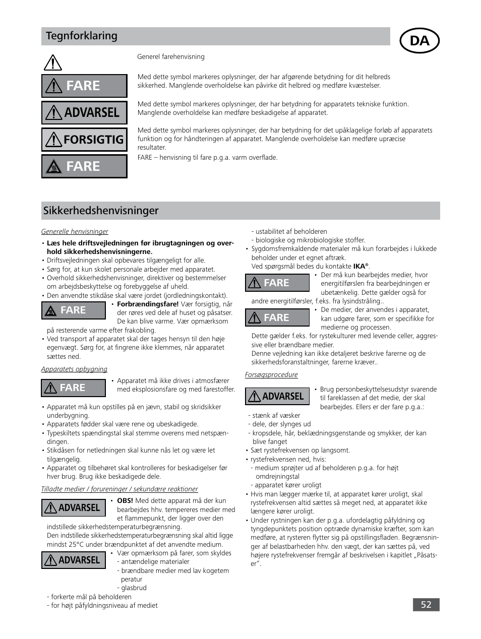 Fare, Advarsel, Forsigtig | Tegnforklaring, Sikkerhedshenvisninger, Fare advarsel advarsel fare fare advarsel | IKA KS 3000 ic control User Manual | Page 52 / 76