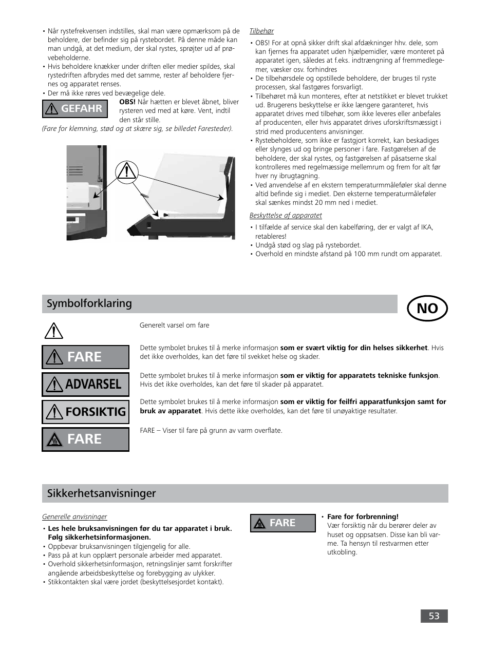 Fare, Advarsel, Forsiktig | Symbolforklaring, Sikkerhetsanvisninger, Gefahr | IKA KS 3000 ic control User Manual | Page 53 / 76