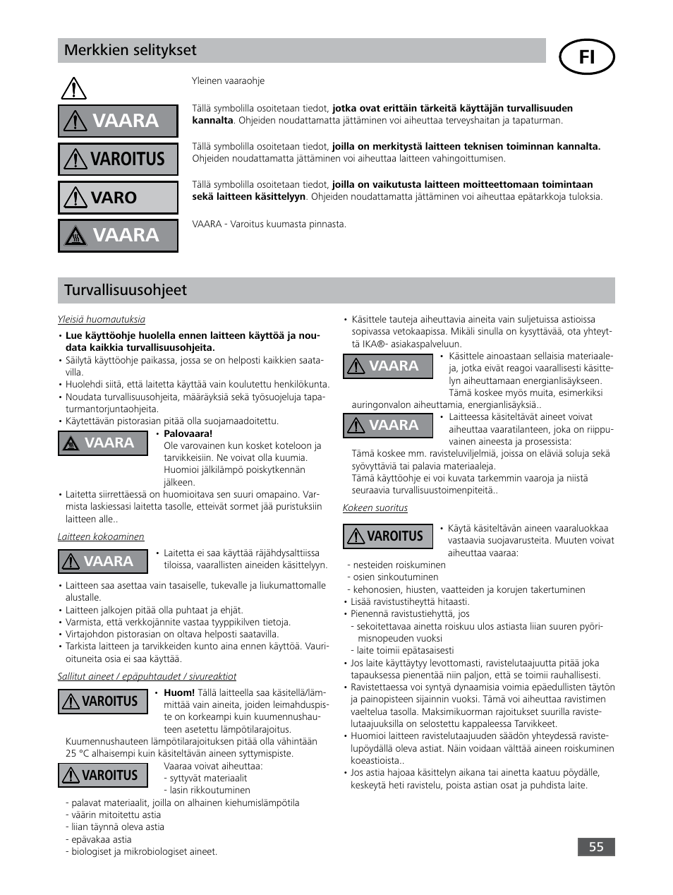 Vaara, Varoitus, Varo | Merkkien selitykset, Turvallisuusohjeet, Varoitus vaara vaara, Vaara varoitus vaara | IKA KS 3000 ic control User Manual | Page 55 / 76