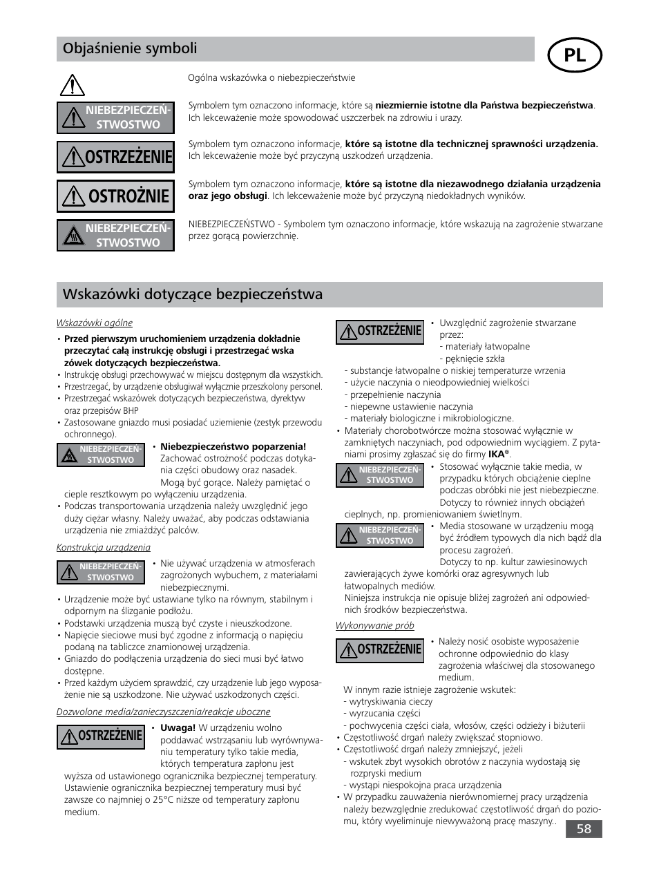 Ostrożnie ostrzeżenie, Objaśnienie symboli, Wskazówki dotyczące bezpieczeństwa | Ostrzeżenie | IKA KS 3000 ic control User Manual | Page 58 / 76