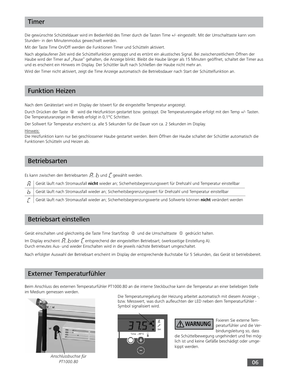 Timer, Funktion heizen, Betriebsarten | Betriebsart einstellen, Externer temperaturfühler, Warnung | IKA KS 3000 ic control User Manual | Page 6 / 76