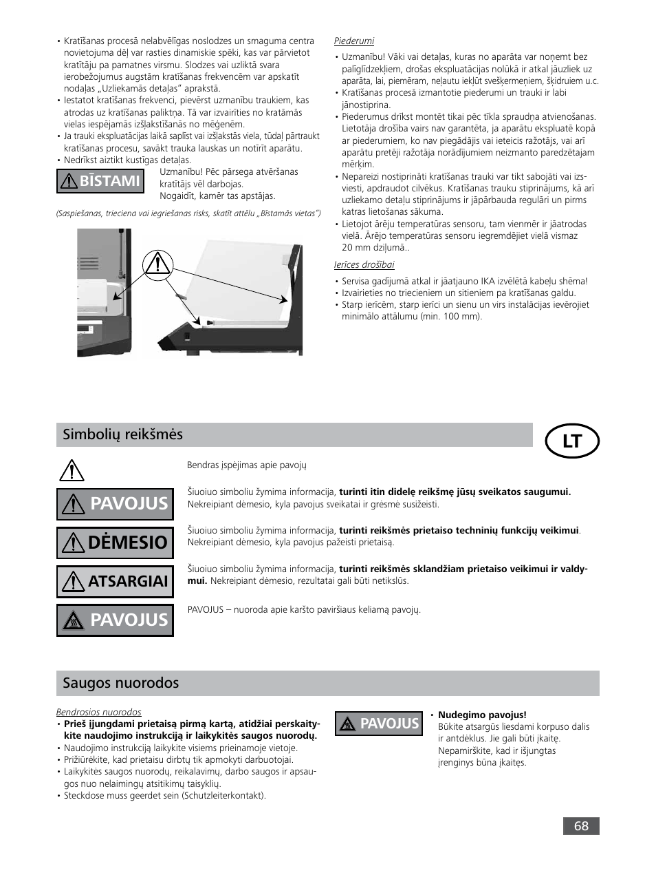 Dėmesio, Pavojus, Atsargiai | Simbolių reikšmės, Saugos nuorodos, Bīstami | IKA KS 3000 ic control User Manual | Page 68 / 76