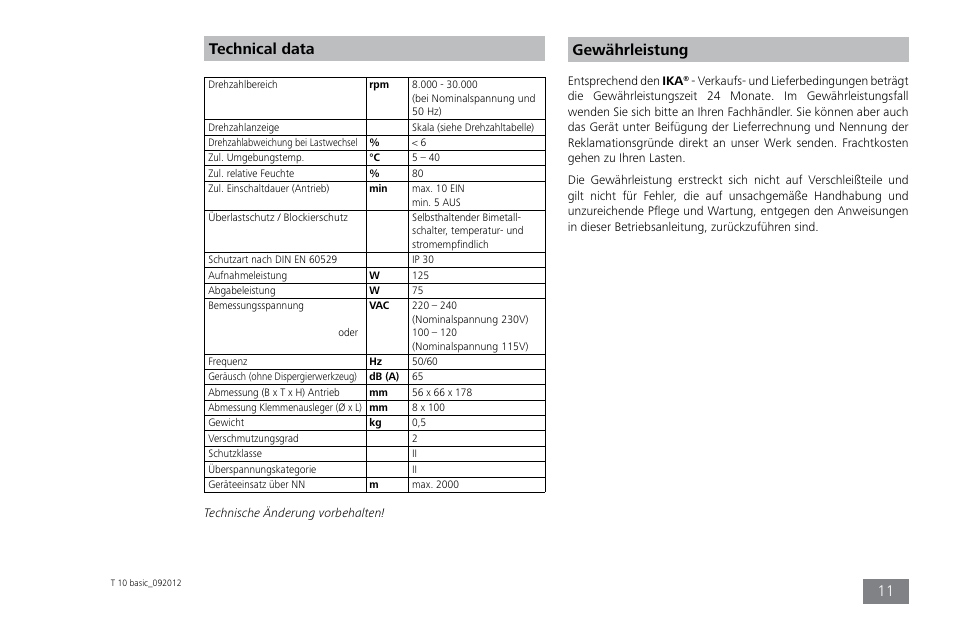 Technical data, Gewährleistung | IKA T 10 basic ULTRA-TURRAX User Manual | Page 11 / 68