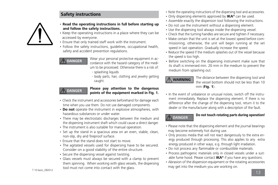 Safety instructions | IKA T 10 basic ULTRA-TURRAX User Manual | Page 13 / 68