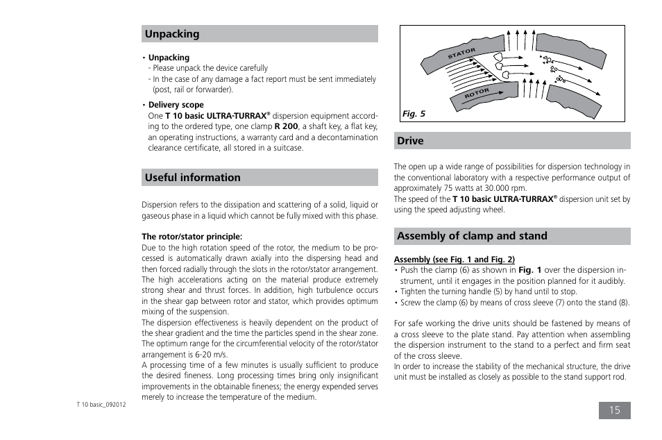 Unpacking, Useful information, Assembly of clamp and stand | Drive | IKA T 10 basic ULTRA-TURRAX User Manual | Page 15 / 68