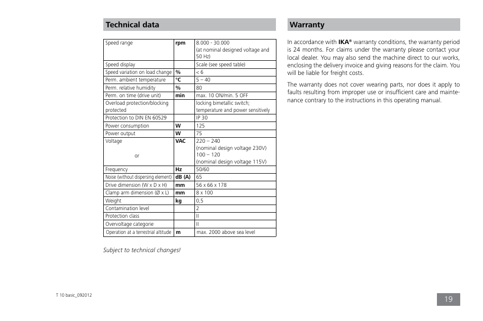 Technical data, Warranty | IKA T 10 basic ULTRA-TURRAX User Manual | Page 19 / 68