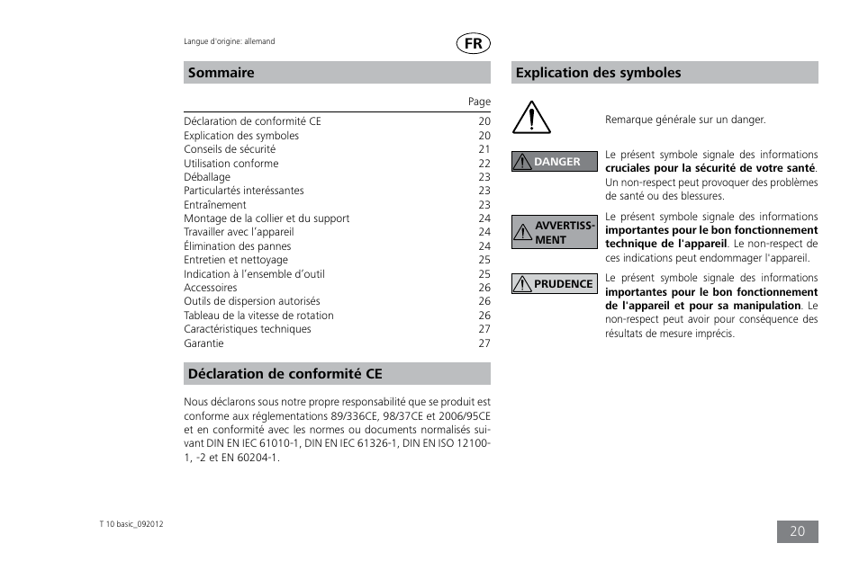 Sommaire, Déclaration de conformité ce, Explication des symboles | IKA T 10 basic ULTRA-TURRAX User Manual | Page 20 / 68