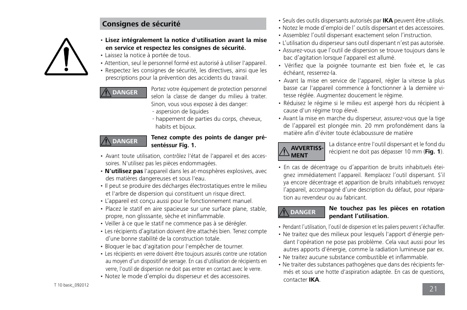 Consignes de sécurité | IKA T 10 basic ULTRA-TURRAX User Manual | Page 21 / 68