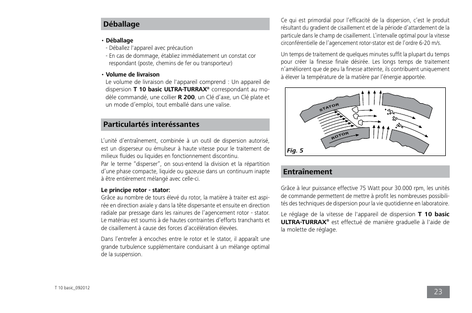 Déballage, Particulartés interéssantes, Entraînement | IKA T 10 basic ULTRA-TURRAX User Manual | Page 23 / 68