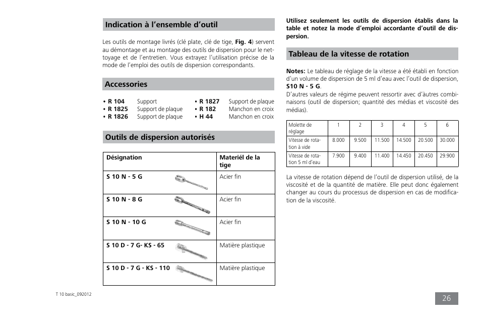 Accessories, Tableau de la vitesse de rotation, Outils de dispersion autorisés | Indication à l’ensemble d’outil | IKA T 10 basic ULTRA-TURRAX User Manual | Page 26 / 68