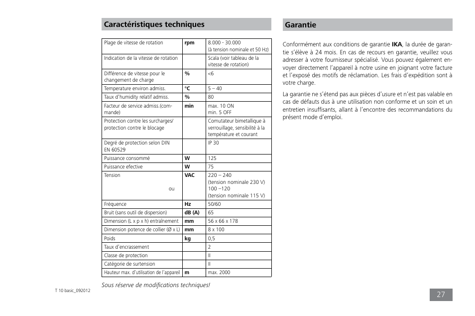 Caractéristiques techniques, Garantie | IKA T 10 basic ULTRA-TURRAX User Manual | Page 27 / 68